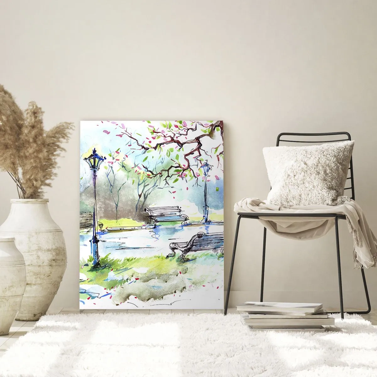 Impression sur verre - Image sur verre - Scène de parc à l'aquarelle avec bancs et lampes - 70x100cm - Le charme du silence d'un parc - Décoration murale moderne pour le salon et la chambre ARTTOR