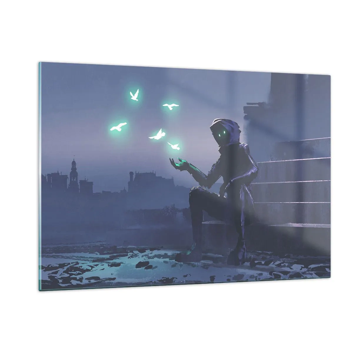 Impression sur verre - Image sur verre - Une silhouette dans le noir entourée d'oiseaux verts flottants - 120x80cm - La vie reviendra - Décoration murale moderne pour le salon et la chambre ARTTOR