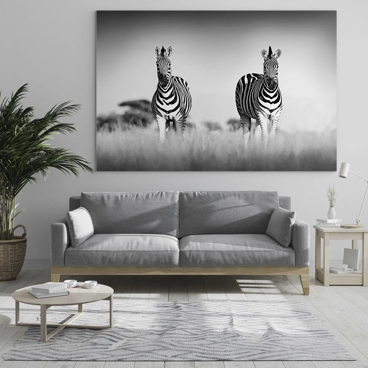 Impression sur verre - Image sur verre - Une paire de zèbres sur un fond d'herbe noir et blanc, représentés dans leur habitat naturel. - 100x70cm - Le monde est bel et bien noir et blanc - Décoration murale moderne pour le salon et la chambre ARTTOR