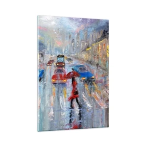 Impression sur verre - Image sur verre - Une femme avec un parapluie dans une rue pluvieuse à la lumière du néon. - 80x120cm - Après-midi pluvieux en ville - Décoration murale moderne pour le salon et la chambre ARTTOR
