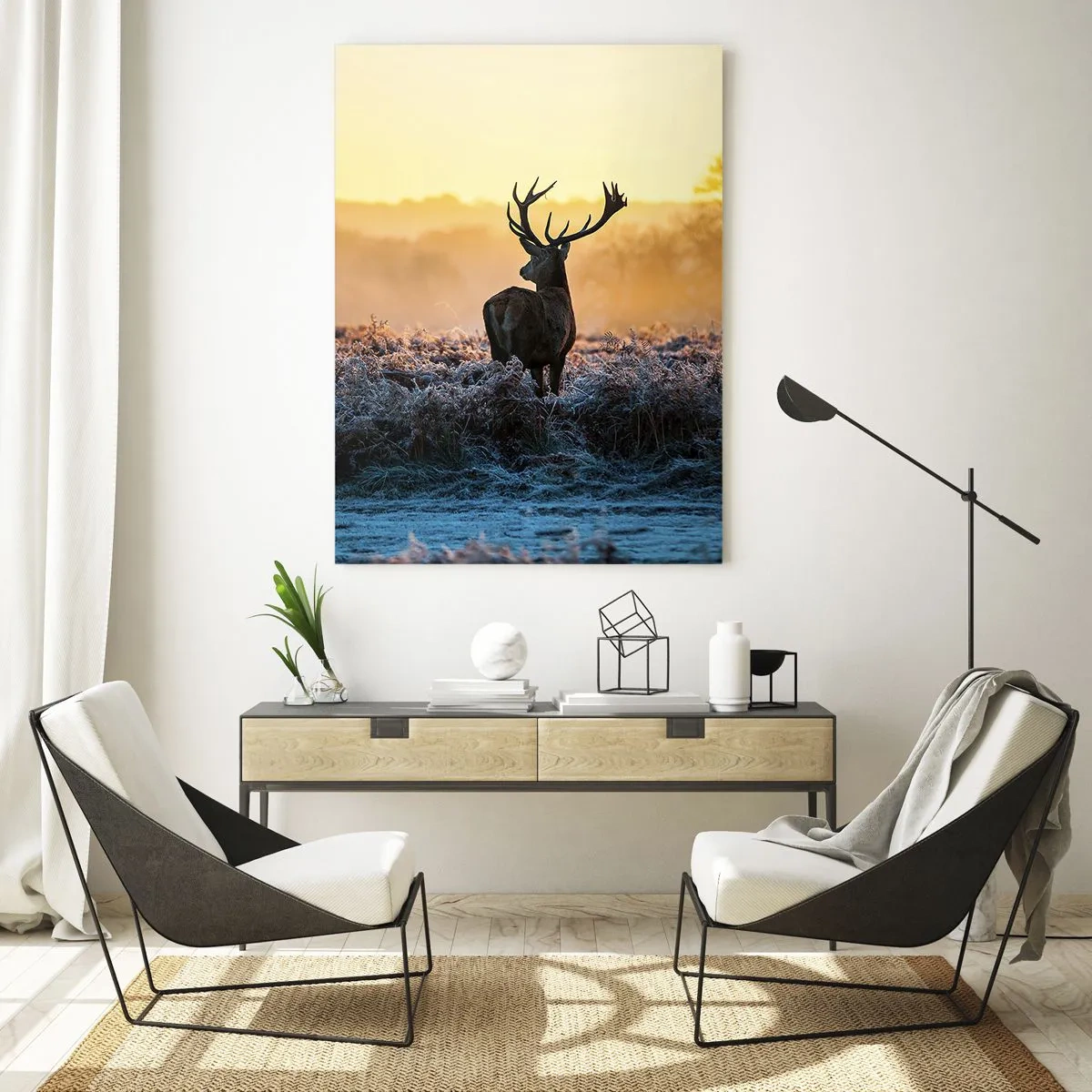 Impression sur verre - Image sur verre - Cerf par un matin glacial avec le lever du soleil en arrière-plan - 50x70cm - Couronné pour sa succession - Décoration murale moderne pour le salon et la chambre ARTTOR