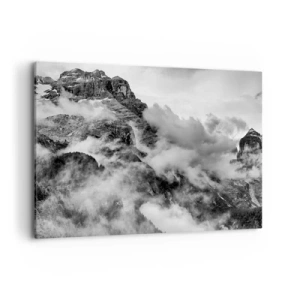 Impression sur toile - Image sur toile - Vue en noir et blanc de montagnes entourées de nuages - 100x70cm - Belle et cruelle - Décoration murale moderne pour le salon et la chambre ARTTOR