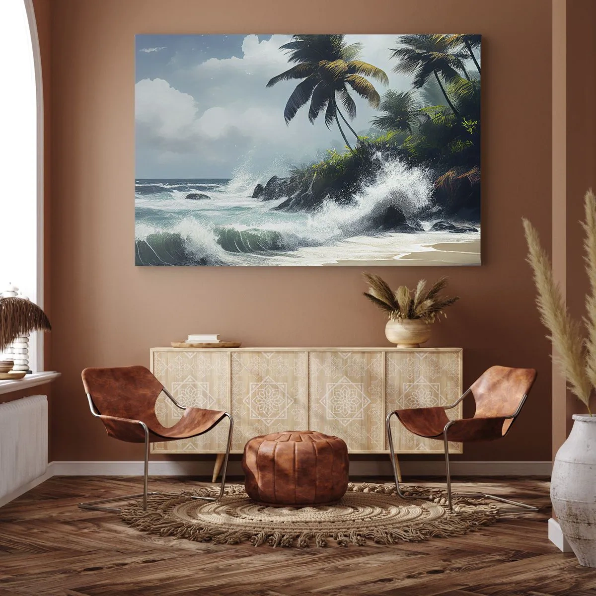 Impression sur toile - Image sur toile - Rivage tropical avec palmiers et mer agitée - 100x70cm - Sur une côte tropicale - Décoration murale moderne pour le salon et la chambre ARTTOR