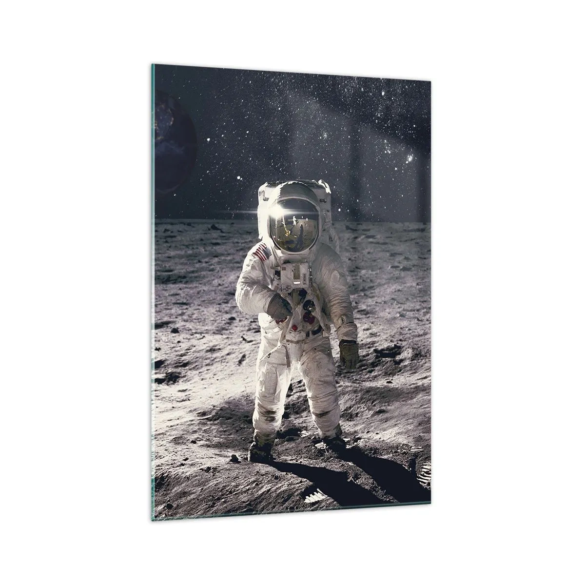 Impression sur verre - Image sur verre - Astronaute à la surface de la Lune avec la Terre en arrière-plan - 70x100cm - Salutations de la lune - Décoration murale moderne pour le salon et la chambre ARTTOR