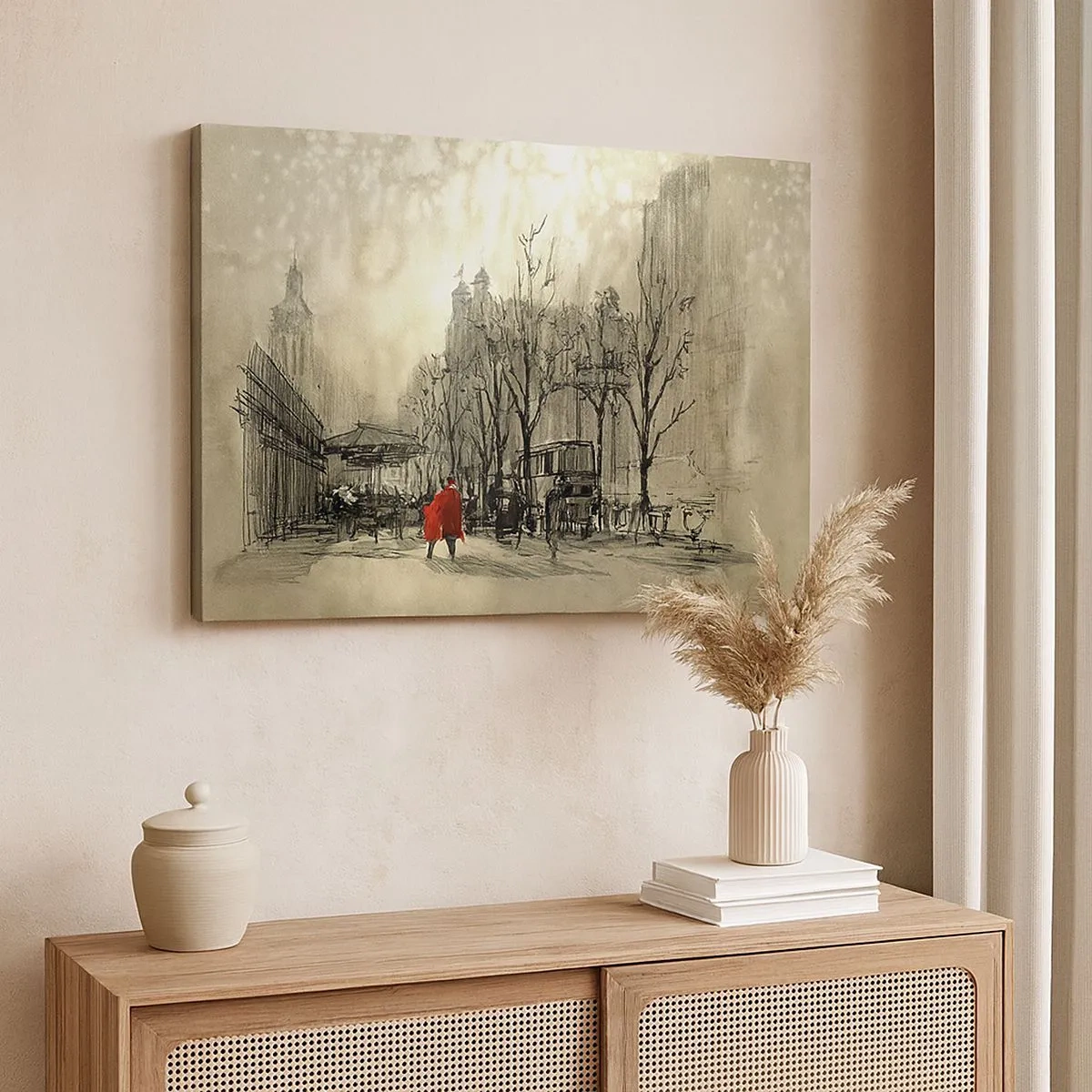 Impression sur toile - Image sur toile - Une figure rouge dans un décor urbain nostalgique - 70x50cm - Rendez-vous dans le brouillard de Londres - Décoration murale moderne pour le salon et la chambre ARTTOR