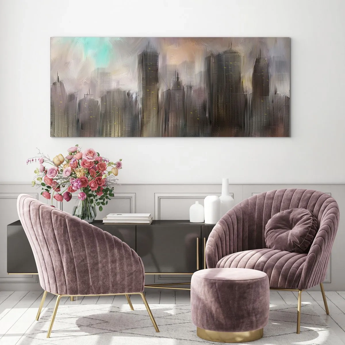 Impression sur verre - Image sur verre - Une vision artistique d'un paysage urbain avec des gratte-ciels aux couleurs pastel. - 160x50cm - Une composition d'acier, de pierre et de brouillard - Décoration murale moderne pour le salon et la chambre ARTTOR