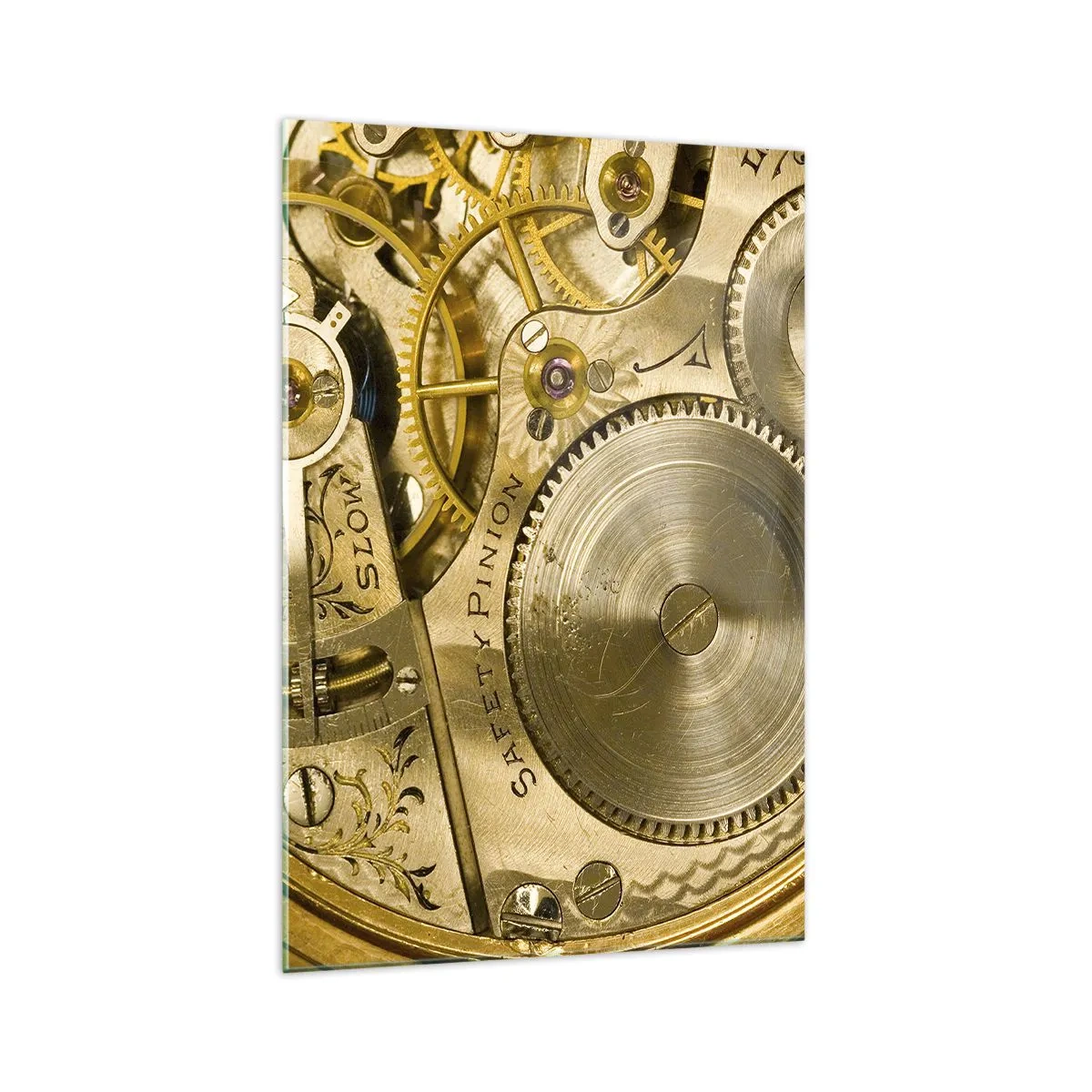 Impression sur verre - Image sur verre - Mécanisme de montre avec engrenages et détails visibles - 70x100cm - Marcher avec son temps - Décoration murale moderne pour le salon et la chambre ARTTOR