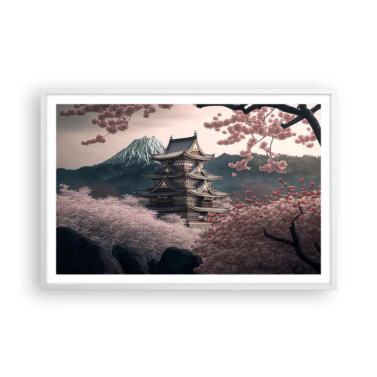 Affiche dans un cadre blanc - Poster - Le pays des cerisiers en fleurs - 91x61 cm