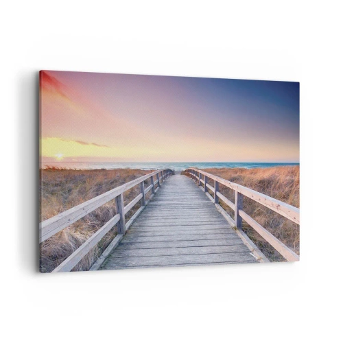 Impression sur toile - Image sur toile - Une jetée en bois menant à la plage au coucher du soleil avec le ciel peint de couleurs pastel. - 100x70cm - Aurore baltique du soir - Décoration murale moderne pour le salon et la chambre ARTTOR