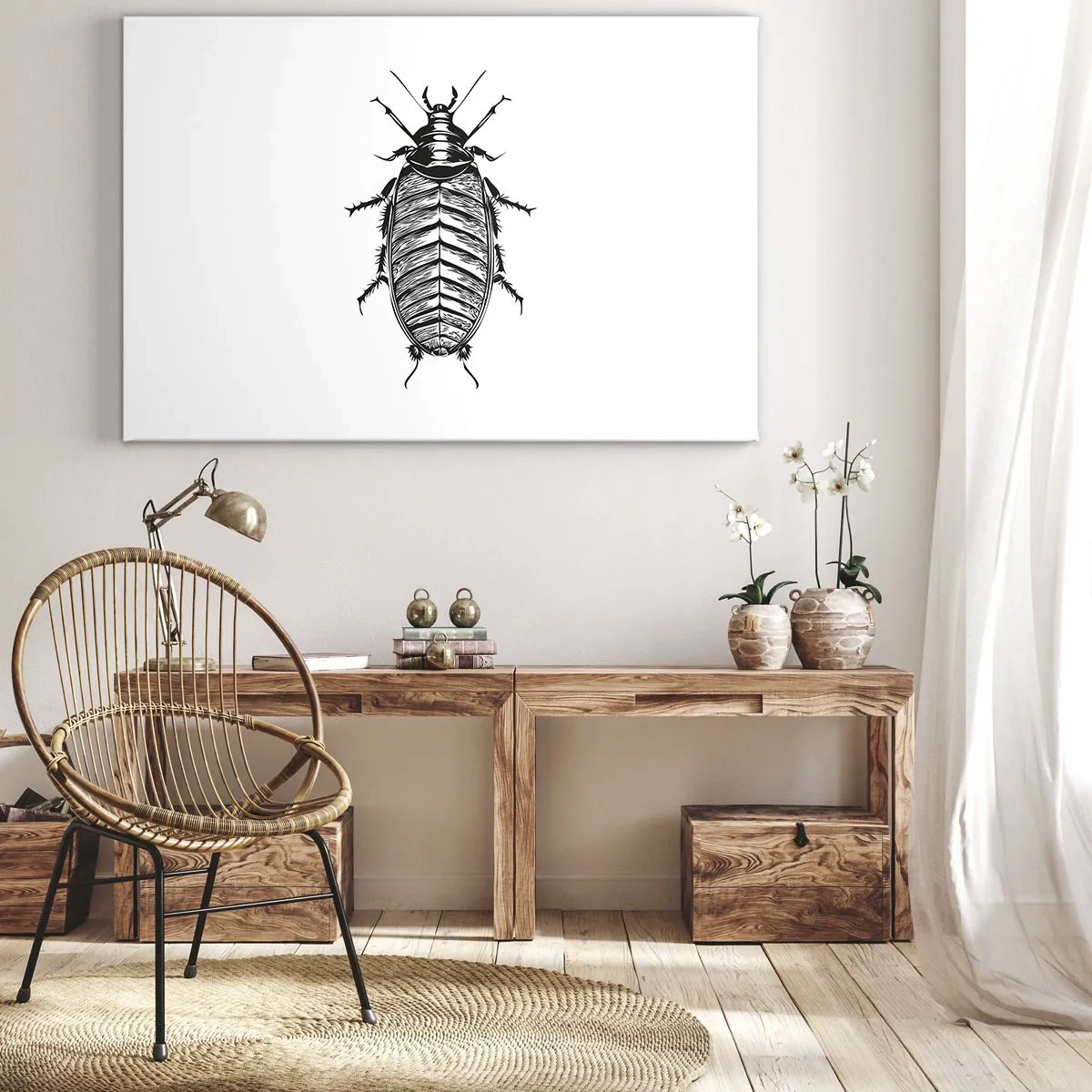 Impression sur toile - Image sur toile - Graphique d'un insecte noir et blanc sur fond blanc - 100x70cm - Quel spécimen! - Décoration murale moderne pour le salon et la chambre ARTTOR