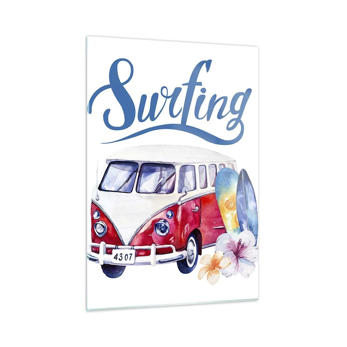 Impression sur verre - Image sur verre - Thème surf avec van et planches - 50x70cm - Concombre - un classique pour un surfeur - Décoration murale moderne pour le salon et la chambre ARTTOR