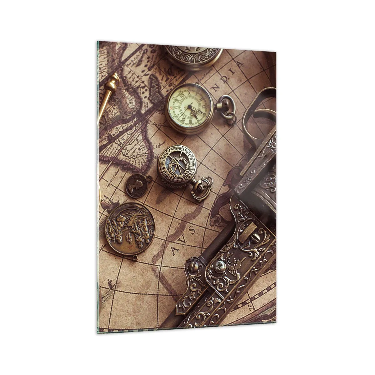 Impression sur verre - Image sur verre - Objets anciens sur une vieille carte dans un style rétro - 70x100cm - L'aventure appelle - Décoration murale moderne pour le salon et la chambre ARTTOR