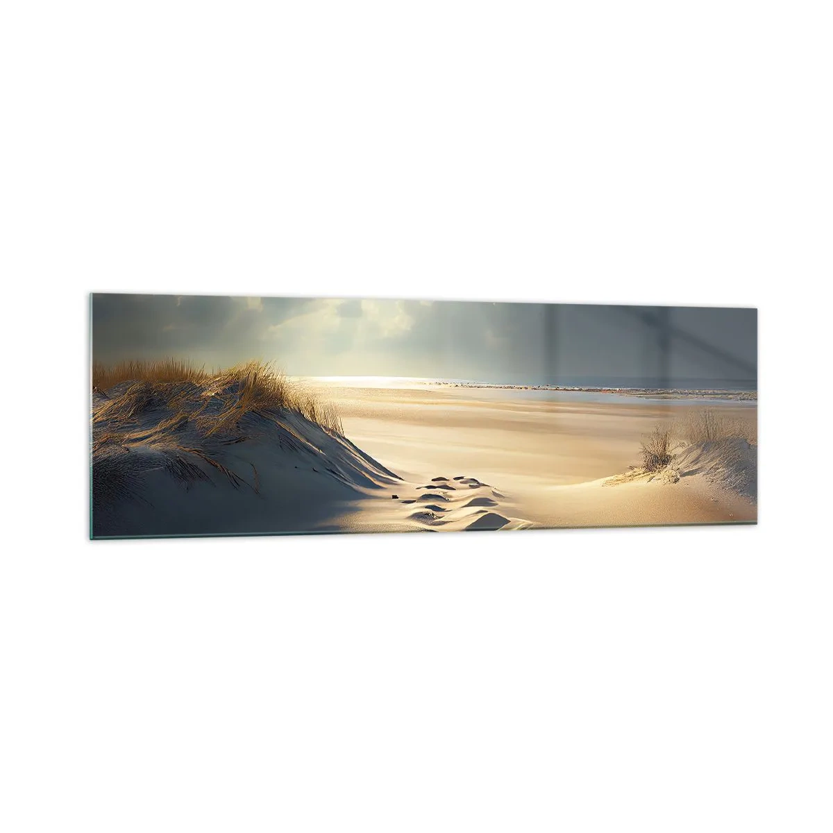 Impression sur verre - Image sur verre - Dunes dorées sur la plage au coucher du soleil avec vue sur la mer - 160x50cm - Un paysage apaisant - Décoration murale moderne pour le salon et la chambre ARTTOR