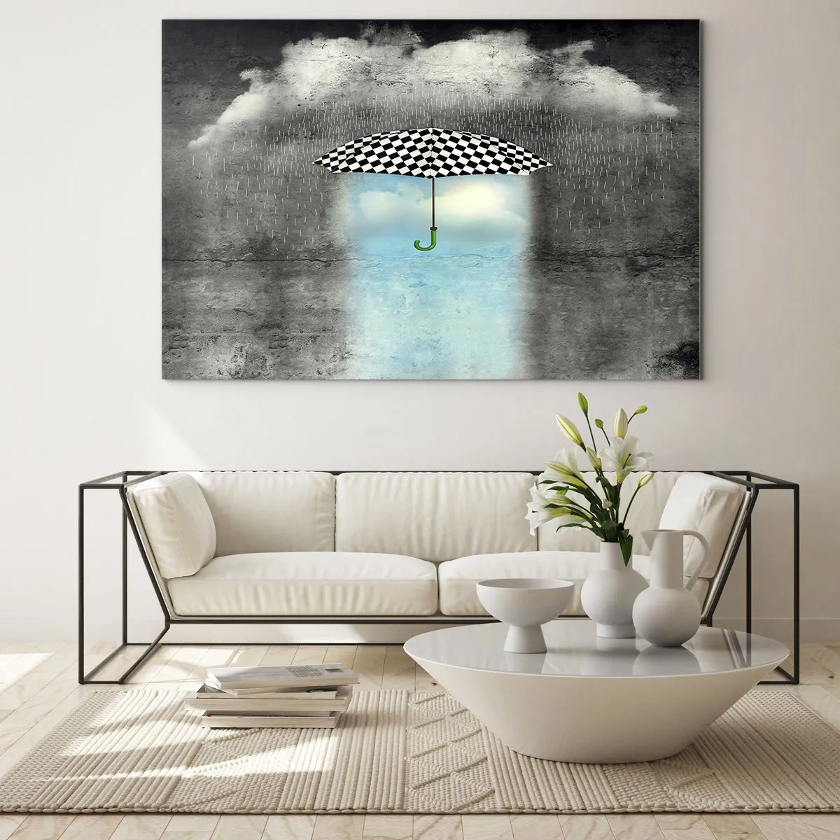 Impression sur verre - Image sur verre - Un parapluie à carreaux noir et blanc sur fond de pluie et de nuages - 120x80cm - Et pourtant c'est possible - Décoration murale moderne pour le salon et la chambre ARTTOR