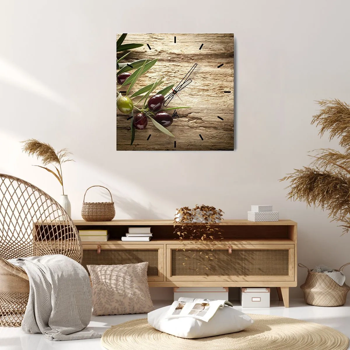 Horloge murale - Pendule murale - Branche d'olivier avec des fruits sur un fond de bois vieilli - 30x30cm - Directement de la nature - Décoration murale moderne pour le salon et la chambre ARTTOR