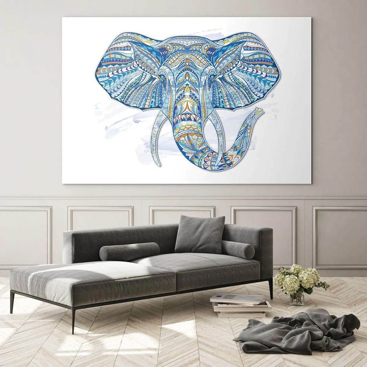 Impression sur verre - Image sur verre - Éléphant bleu dans un style artistique avec des motifs géométriques - 70x50cm - Incrusté d'or et de bleu ciel - Décoration murale moderne pour le salon et la chambre ARTTOR