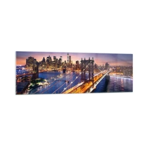 Impression sur verre - Image sur verre - Le pont et le panorama de la ville au coucher du soleil - 160x50cm - Un pont lumineux au cœur de la ville - Décoration murale moderne pour le salon et la chambre ARTTOR