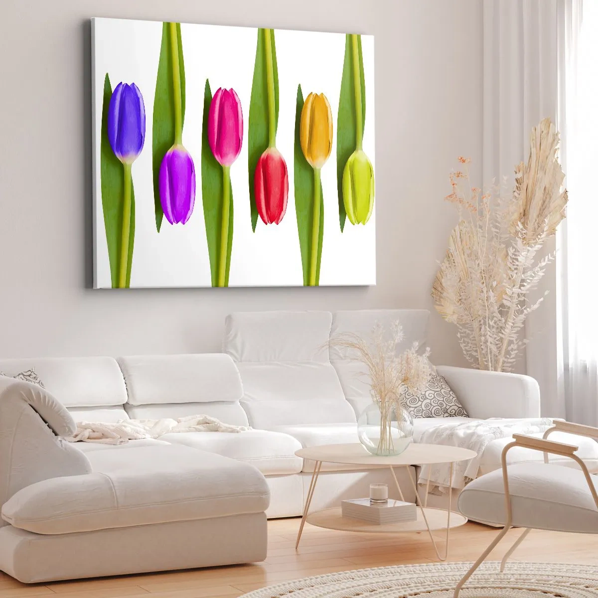 Impression sur toile - Image sur toile - Tulipes multicolores disposées en rangée sur fond blanc - 100x70cm - Composition arc-en-ciel - Décoration murale moderne pour le salon et la chambre ARTTOR