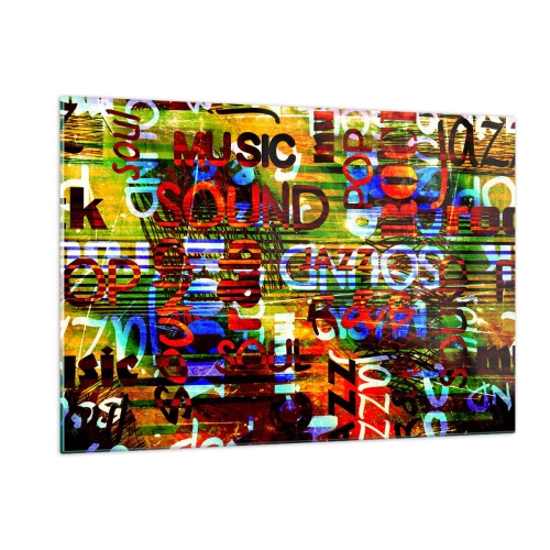 Impression sur verre - Image sur verre - Inscriptions colorées sur un fond de mosaïque artistique - 120x80cm - Toutes les nuances du son - Décoration murale moderne pour le salon et la chambre ARTTOR