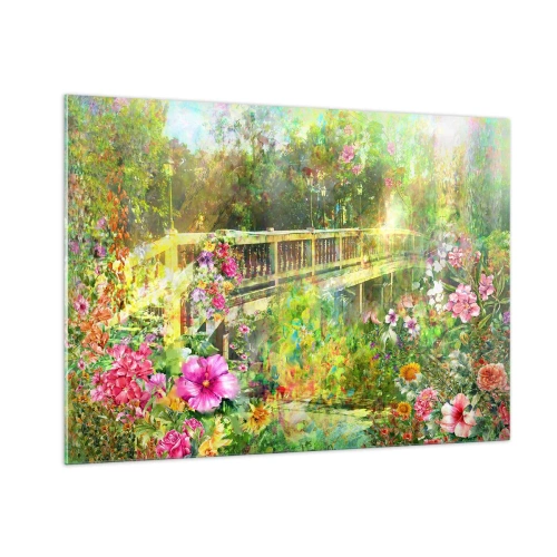 Impression sur verre - Image sur verre - Un pont entouré d'une végétation luxuriante et de fleurs colorées - 100x70cm - Le soupire d'un pont de printemps - Décoration murale moderne pour le salon et la chambre ARTTOR