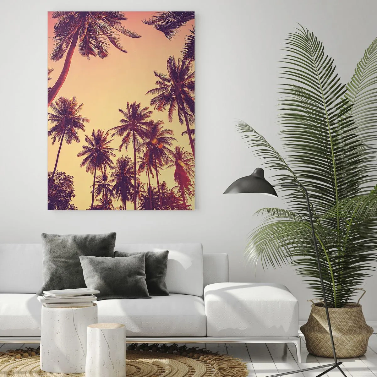 Impression sur verre - Image sur verre - Palmiers contre le ciel aux couleurs chaudes du coucher de soleil - 80x120cm - Variation tropicale - Décoration murale moderne pour le salon et la chambre ARTTOR
