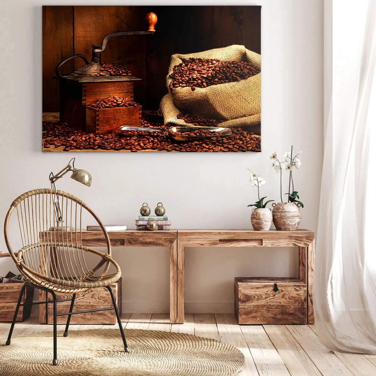 Impression sur toile - Image sur toile - Un vieux moulin à café avec des grains et un sac dans un style rustique. - 120x80cm - Nature morte avec grains de café et moulin - Décoration murale moderne pour le salon et la chambre ARTTOR