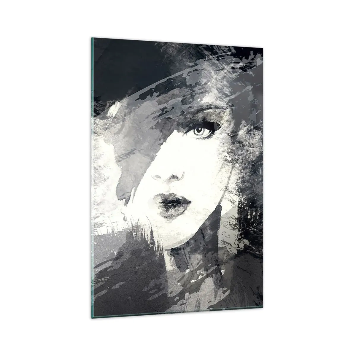 Impression sur verre - Image sur verre - Un portrait abstrait d'une femme dans des tons de gris avec des accents délicats. - 80x120cm - Derrière un voile gris - Décoration murale moderne pour le salon et la chambre ARTTOR