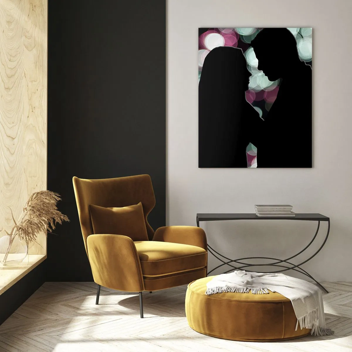 Impression sur verre - Image sur verre - Silhouettes d'un couple sur fond de lumières bokeh colorées - 80x120cm - Oui! - Décoration murale moderne pour le salon et la chambre ARTTOR