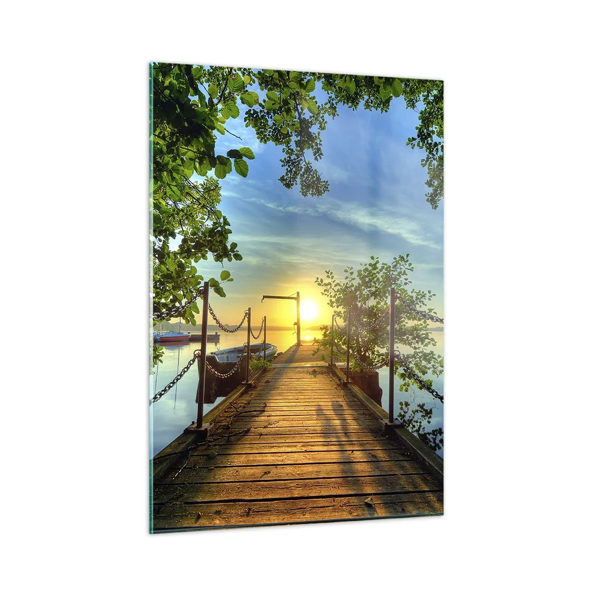 Impression sur verre - Image sur verre - Une jetée surplombant le coucher de soleil sur le lac - 50x70cm - L'ouest au-dessus de l'eau - Décoration murale moderne pour le salon et la chambre ARTTOR
