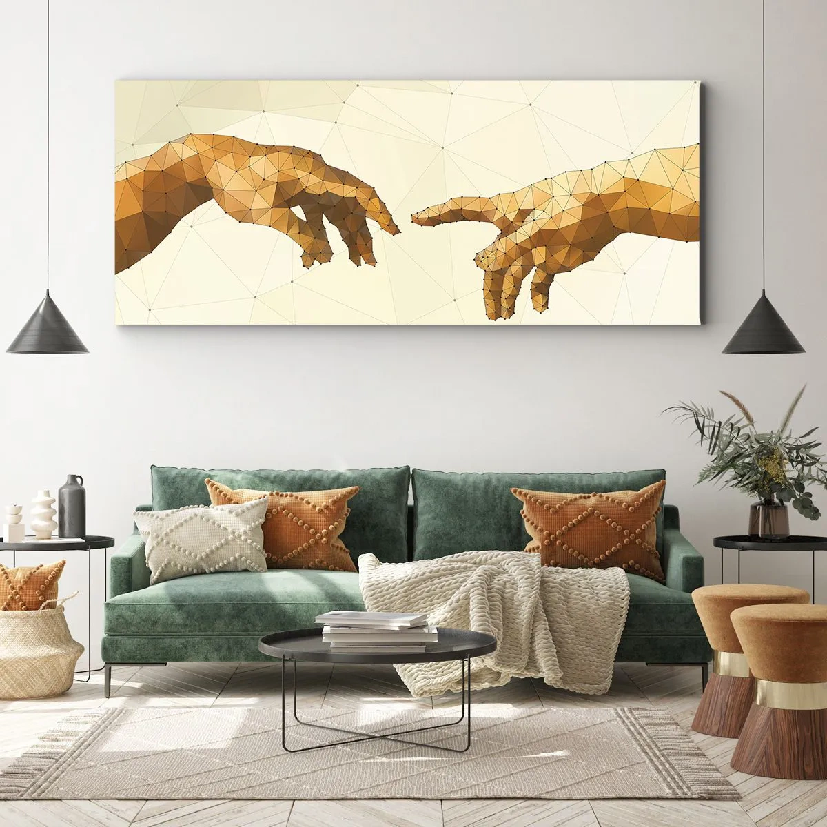 Impression sur toile - Image sur toile - Mains géométriques tendues l'une vers l'autre sur un fond clair - 160x50cm - Géométrie divine - Décoration murale moderne pour le salon et la chambre ARTTOR