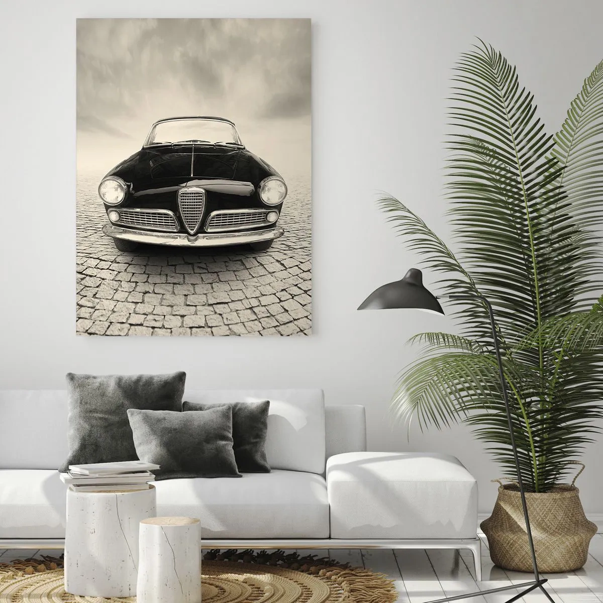 Impression sur verre - Image sur verre - Voiture classique sur une route pavée en noir et blanc - 50x70cm - Et alors! Tu ne m'aime pas? - Décoration murale moderne pour le salon et la chambre ARTTOR