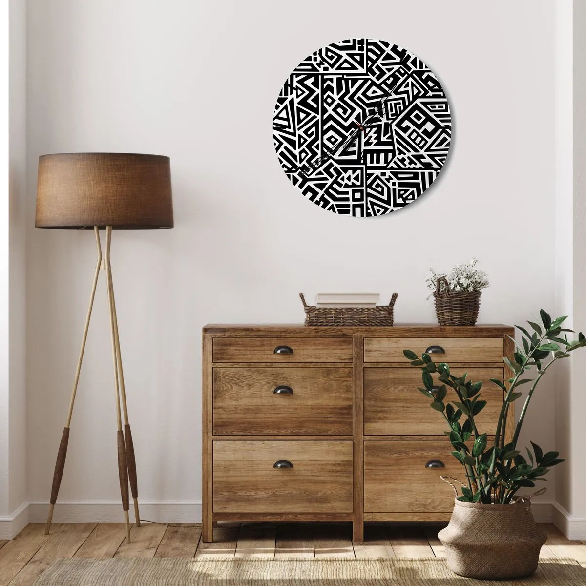 Horloge murale - Pendule murale - Composition en noir et blanc de motifs géométriques - 30x30cm - Composition précolombienne - Décoration murale moderne pour le salon, la cuisine et la chambre ARTTOR