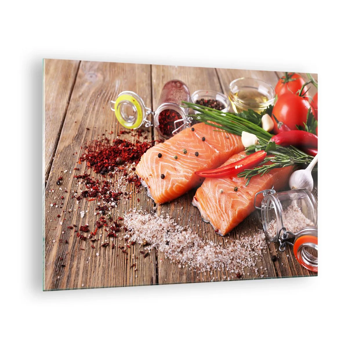 Impression sur verre - Image sur verre - Filets de saumon aux épices sur un plan de travail en bois - 70x50cm - Aventure norvégienne dans la cuisine - Décoration murale moderne pour le salon et la chambre ARTTOR
