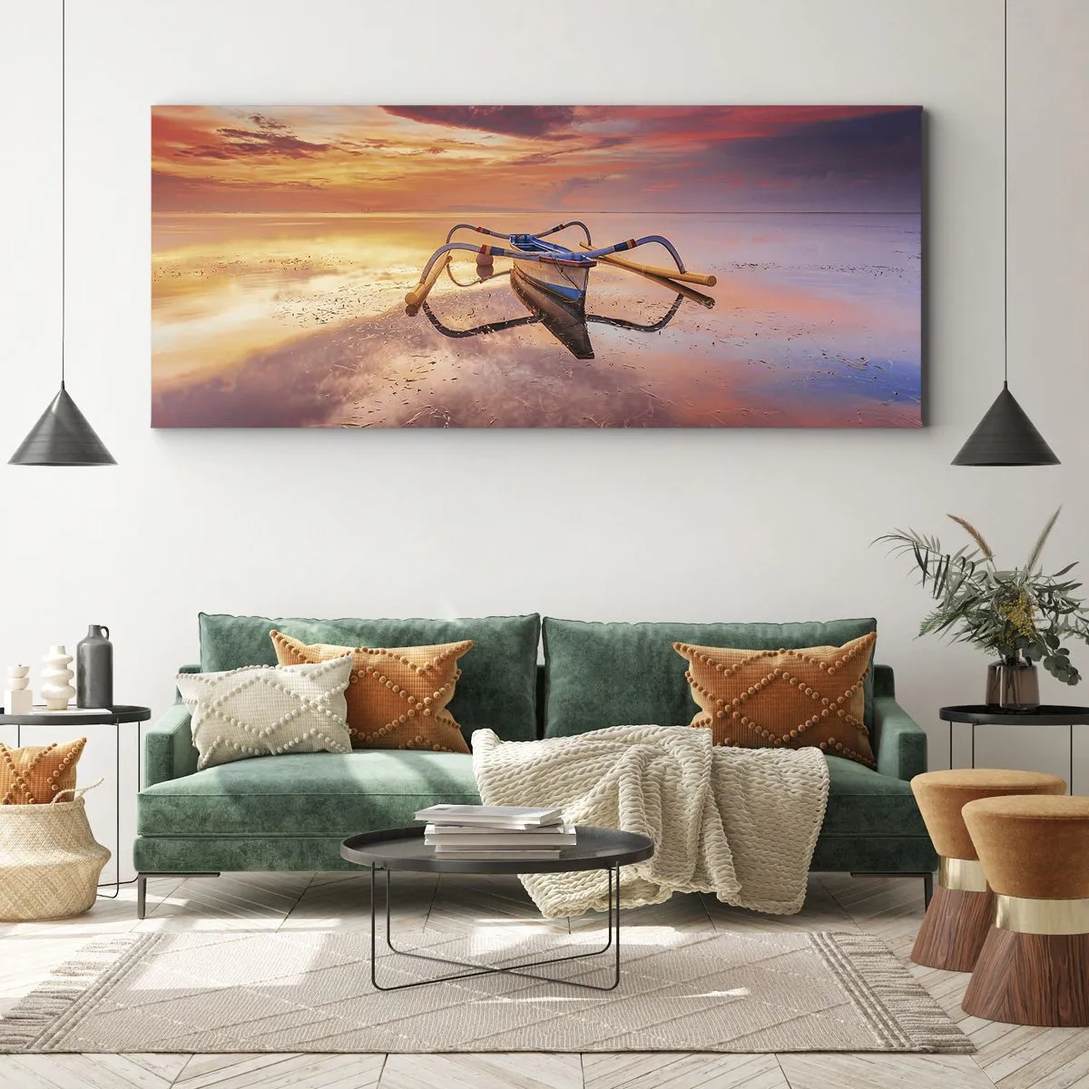 Impression sur toile - Image sur toile - Un bateau sur une eau calme au coucher du soleil - 160x50cm - Le calme d'une soirée tropicale - Décoration murale moderne pour le salon et la chambre ARTTOR