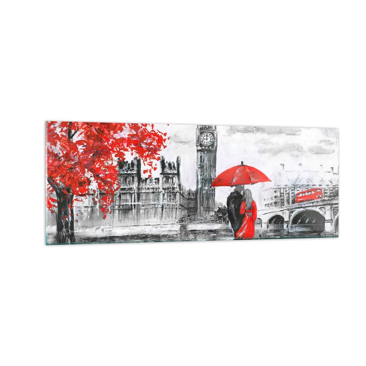 Impression sur verre - Image sur verre - Scène romantique avec Big Ben et un parapluie rouge - 140x50cm - Amoureux de Londres - Décoration murale moderne pour le salon et la chambre ARTTOR