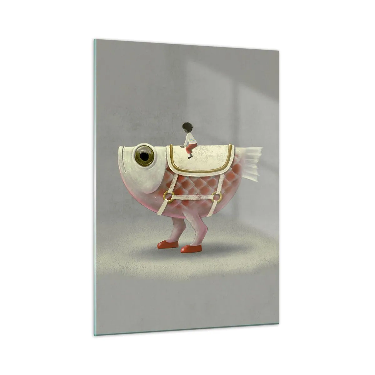 Impression sur verre - Image sur verre - Une figure chevauchant un poisson rose avec des jambes et une selle - 50x70cm - Le cavalier poisson - Décoration murale moderne pour le salon et la chambre ARTTOR
