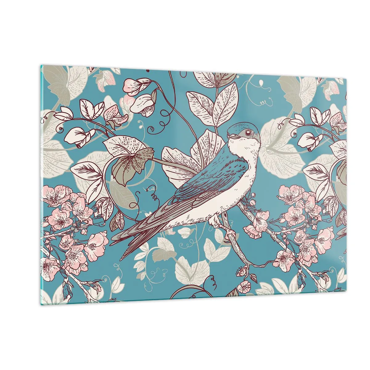 Impression sur verre - Image sur verre - Un oiseau sur une branche parmi des fleurs sur un fond turquoise - 120x80cm - Dans le bois blanc du rouge et de l'argent - Décoration murale moderne pour le salon et la chambre ARTTOR
