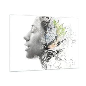 Impression sur verre - Image sur verre - Profil de femme avec des motifs de la nature dans un style monochrome - 100x70cm - Immergé dans la nature - Décoration murale moderne pour le salon et la chambre ARTTOR
