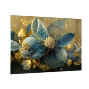 Impression sur verre - Image sur verre - Fleurs bleues et dorées avec une sensation luxueuse - 100x70cm - Fleurir avec de l'or - Décoration murale moderne pour le salon et la chambre ARTTOR