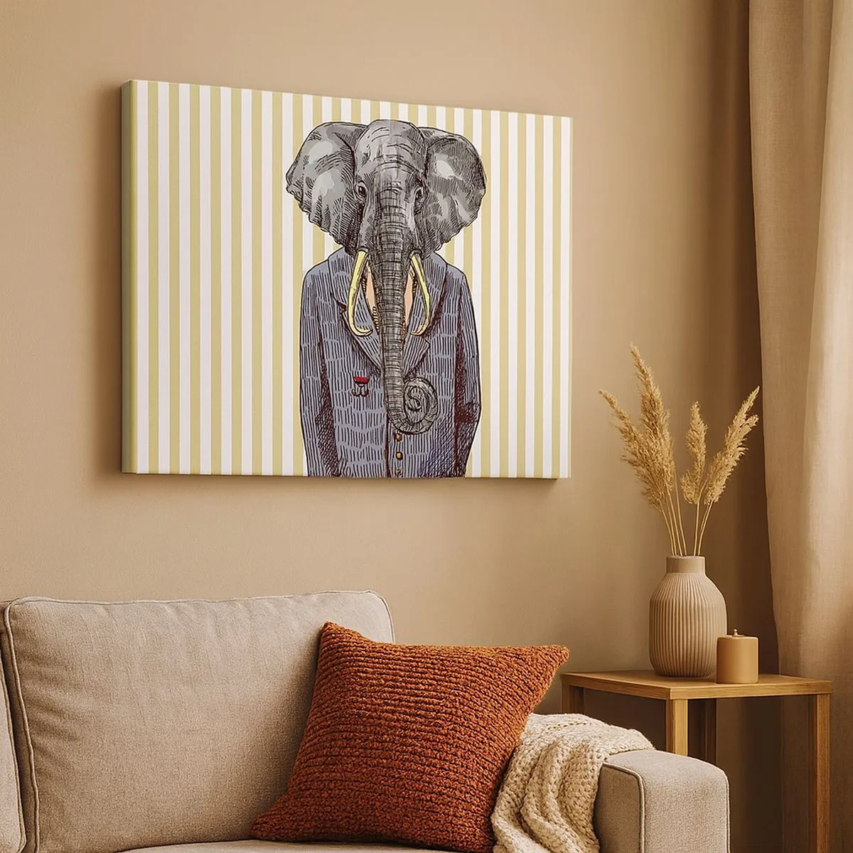 Impression sur toile - Image sur toile - Un éléphant en costume sur fond de rayures beiges - 70x50cm - Élégant par nature - Décoration murale moderne pour le salon et la chambre ARTTOR