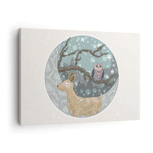 Impression sur toile - Image sur toile - Un cerf et un hibou dans un paysage nocturne de conte de fées - 70x50cm - Une nuit de conte de fées en forêt - Décoration murale moderne pour le salon et la chambre ARTTOR