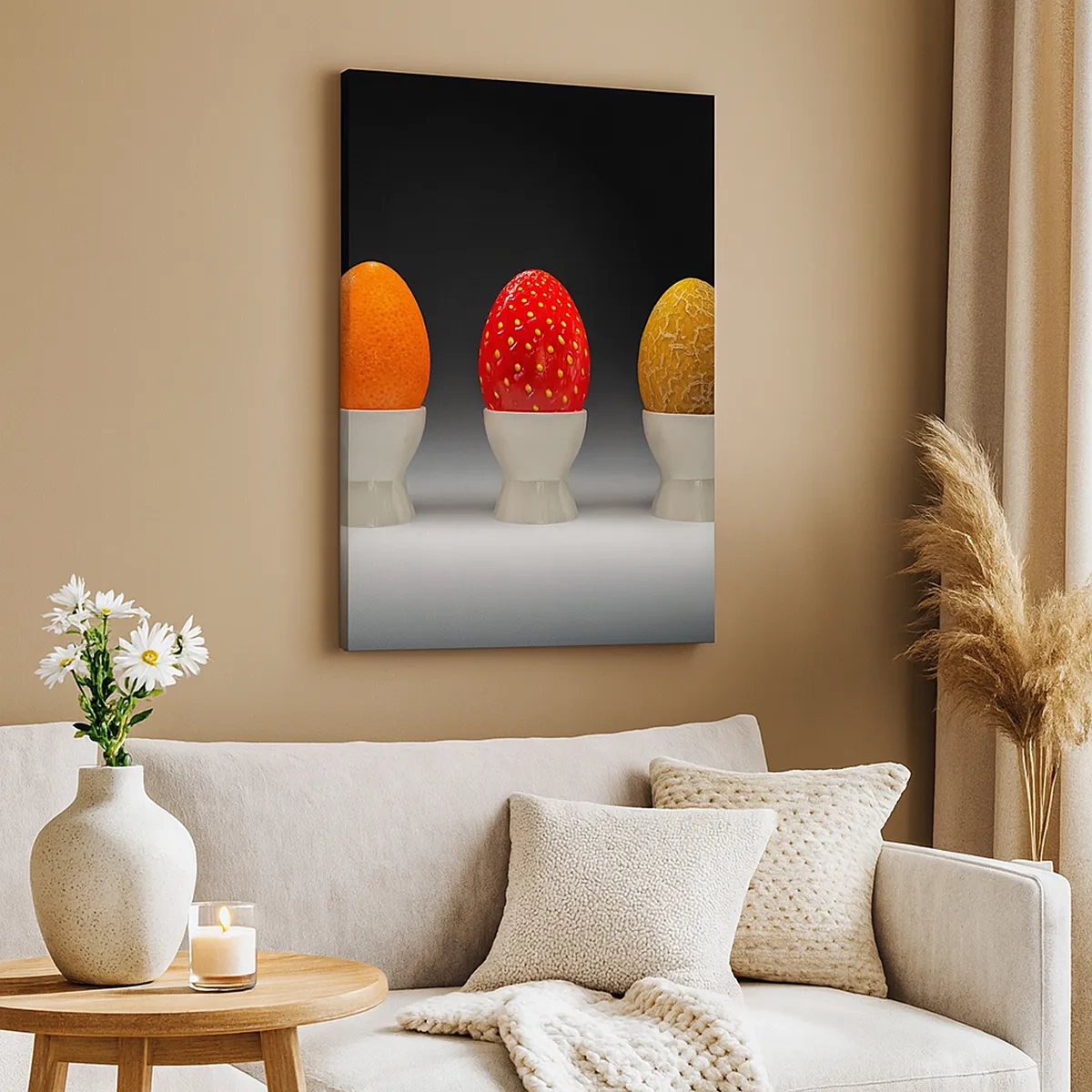 Impression sur toile - Image sur toile - Œufs colorés ressemblant à des fruits sur un fond sombre - 50x70cm - Petit-déjeuner fruité - Décoration murale moderne pour le salon et la chambre ARTTOR