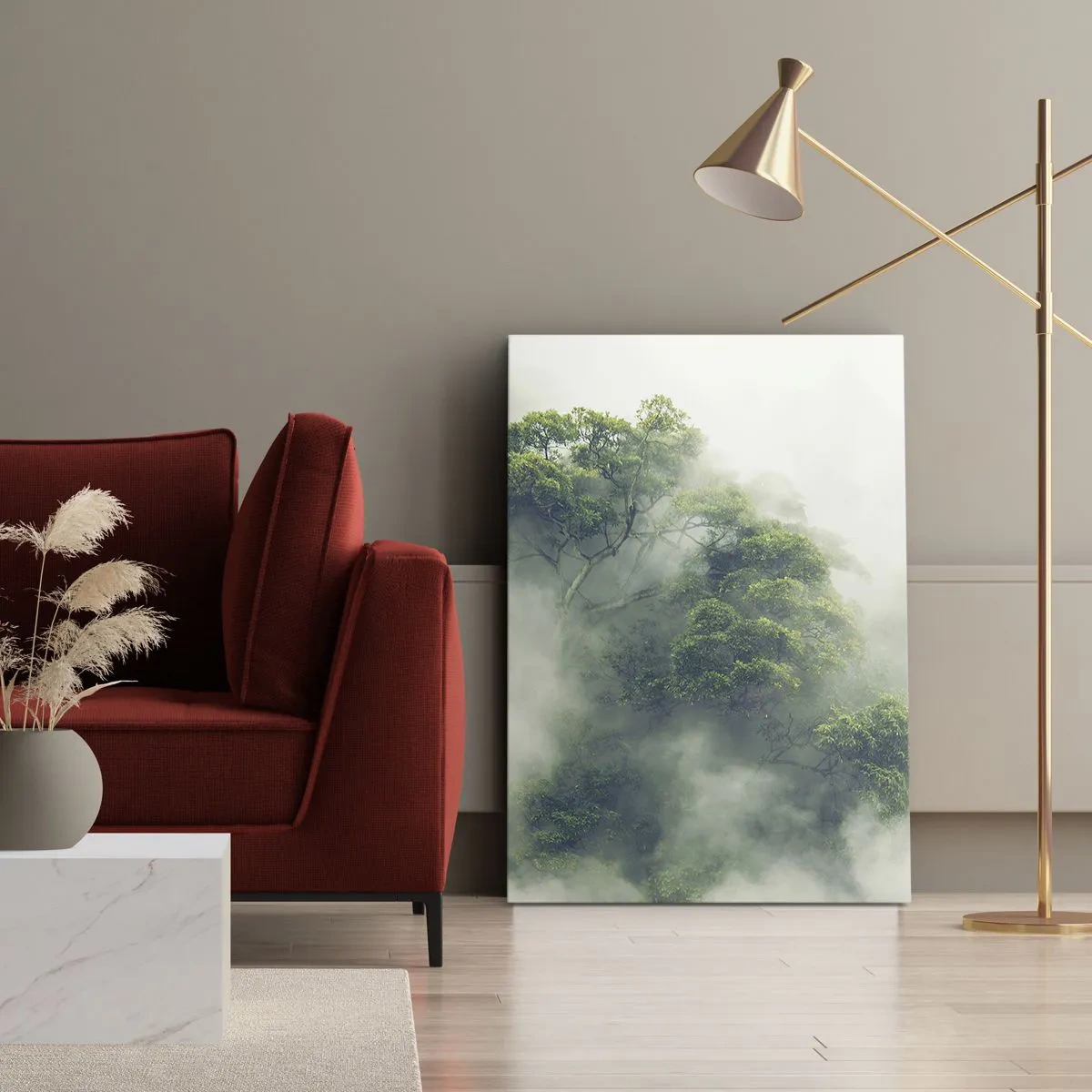 Impression sur toile - Image sur toile - Arbres verts dans un épais brouillard sur fond naturel - 50x70cm - Enveloppé de brouillard - Décoration murale moderne pour le salon et la chambre ARTTOR
