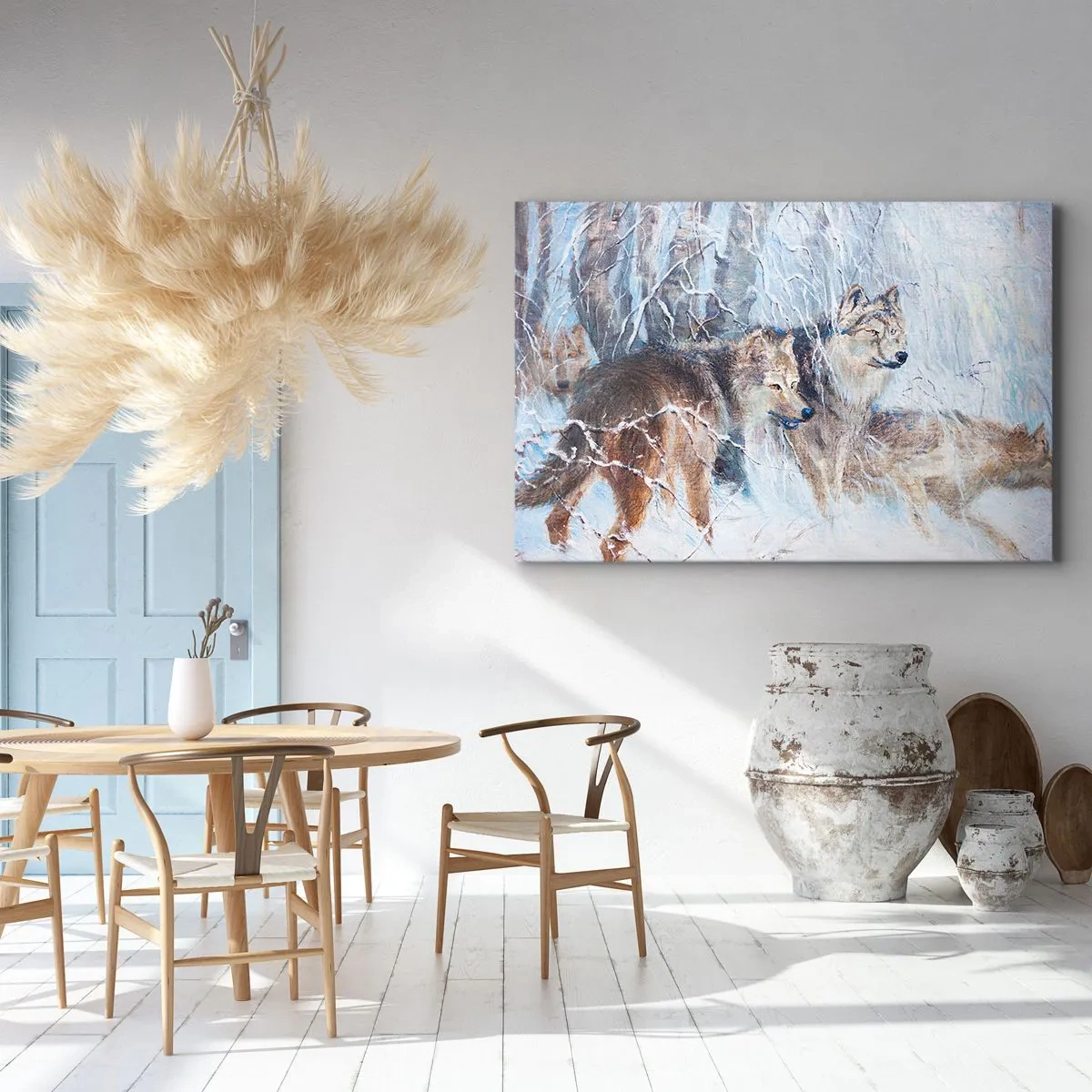 Impression sur toile - Image sur toile - Loups dans une forêt hivernale sur fond de neige - 70x50cm - Attention! Ca arrive ... - Décoration murale moderne pour le salon et la chambre ARTTOR