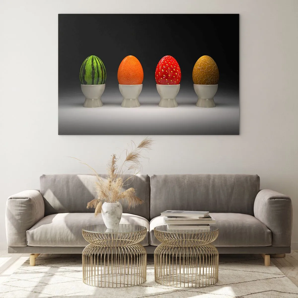 Impression sur verre - Image sur verre - Œufs dans des coquilles de fruits sur un support - 120x80cm - Petit-déjeuner fruité - Décoration murale moderne pour le salon et la chambre ARTTOR
