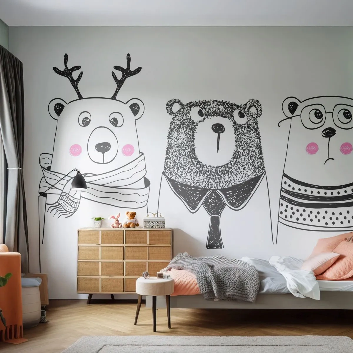 Papier Peint Photo Premium Sand - Ours en peluche, petit ours en peluche et doudou - Pour les enfants, Ours, Illustration - 200x140 cm