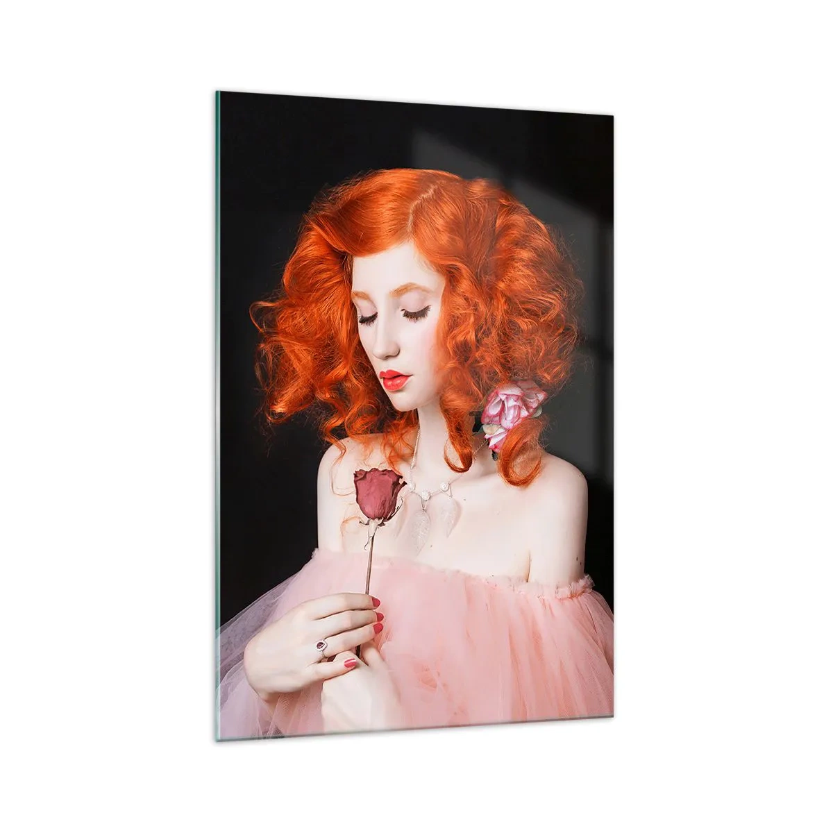 Impression sur verre - Image sur verre - Une femme aux cheveux roux tenant une rose - 70x100cm - De style baroque - Décoration murale moderne pour le salon et la chambre ARTTOR
