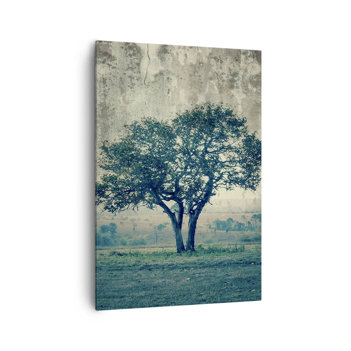 Impression sur toile - Image sur toile - Un arbre solitaire dans un paysage brumeux - 70x100cm - Un pommier sur un champ bleu ? - Décoration murale moderne pour le salon et la chambre ARTTOR