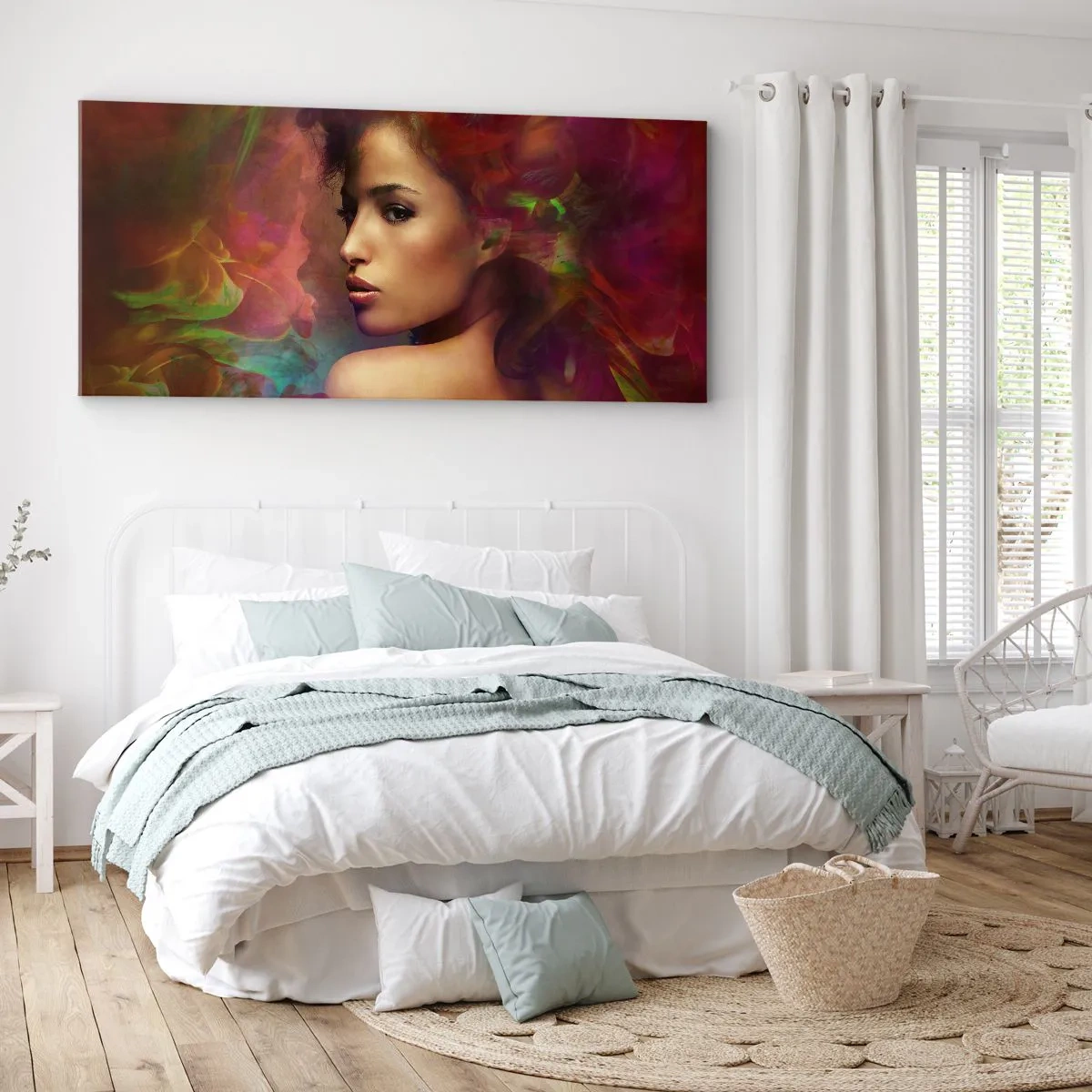 Impression sur toile - Image sur toile - Une femme aux reflets colorés créant un arrière-plan abstrait - 140x50cm - Plus beau qu'un arc-en-ciel, aussi délicat qu'un brouillard - Décoration murale moderne pour le salon et la chambre ARTTOR