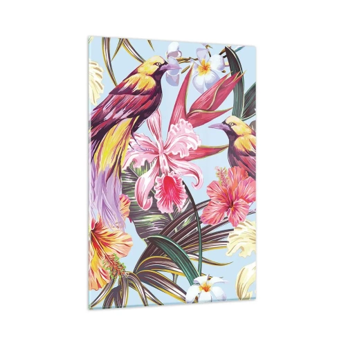 Impression sur verre - Image sur verre - Oiseaux exotiques parmi les fleurs tropicales - 80x120cm - Pétales et plumes - Décoration murale moderne pour le salon et la chambre ARTTOR